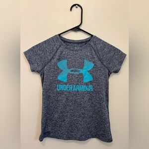 Under Armour T-shirt, Gray with blue UA pattern. Size Youth Small.